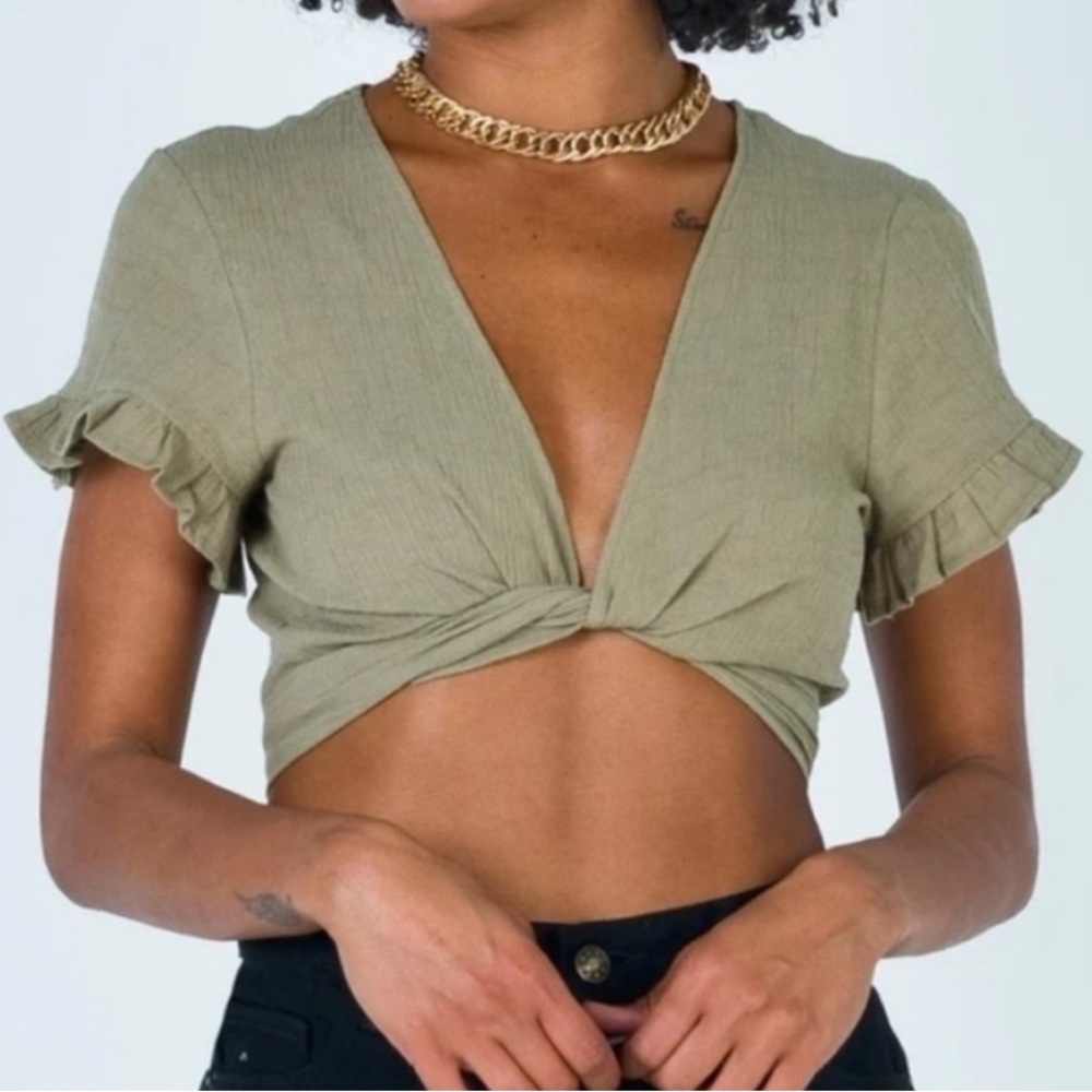 Princess Polly Khaki Green Wrap Twist Front Crop Top